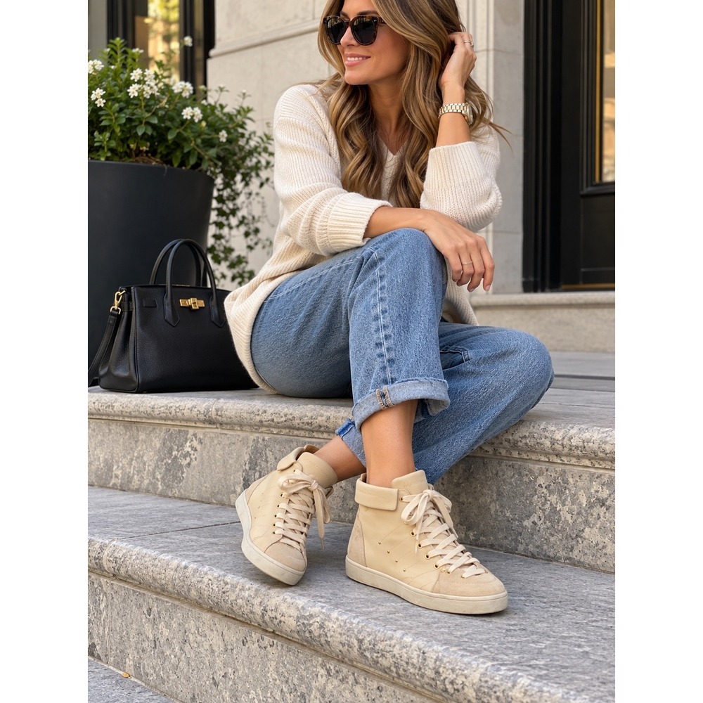 Giuseppe Zanotti Design Beige Leather Suede Studded Hidden Wedge Sneakers